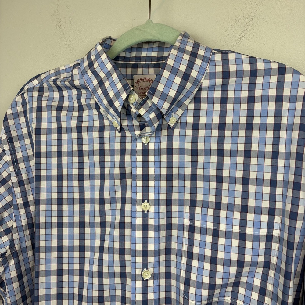 Brooks Brothers Shirt Mens Large Blue Gingham Non Iron Button Down Supima Cotton